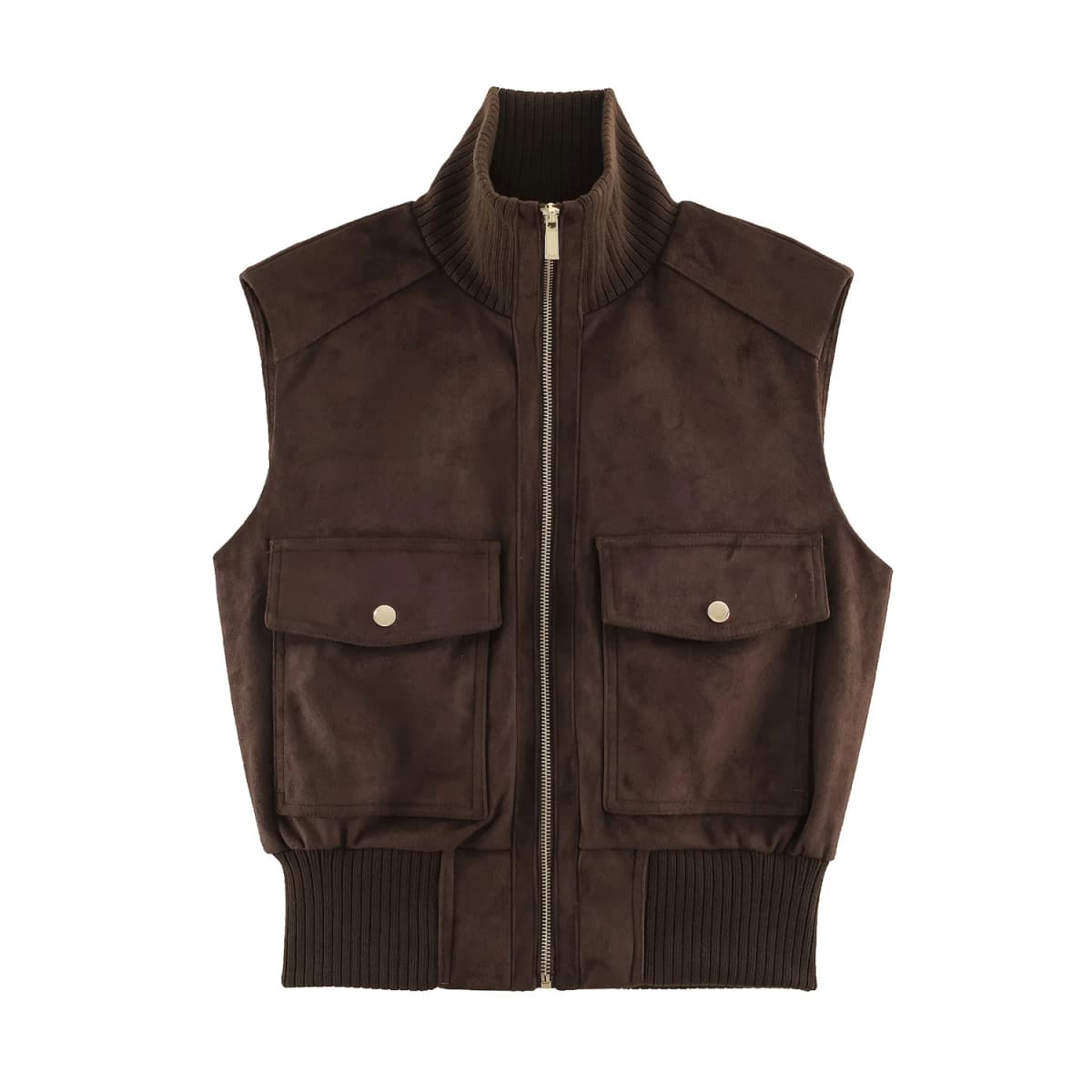 2026 Autumn Women's Elegant Coffee Faux Leather Suede Vest Jackets Lady Retro Pockets Zipper Sleeveless Waistcoats Streetwear