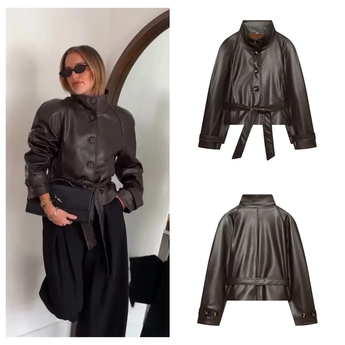 Guobioziy Glossy Shoulder-Patch Faux Leather Jacket with Belt Padded Shoulders 2026 Fall Women's Fashion Casual Leather Coat