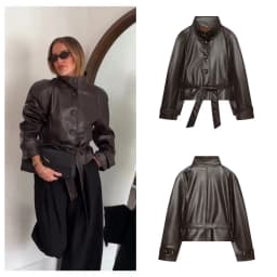 Guobioziy Glossy Shoulder-Patch Faux Leather Jacket with Belt Padded Shoulders 2026 Fall Women's Fashion Casual Leather Coat