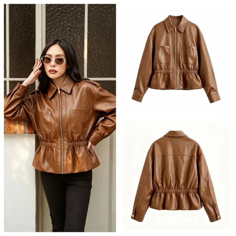 Guobioziy New Women's Classic Commuter Style Versatile High End Two Tone PU Leather Short Jacket Zipper Closure Polyester Fiber