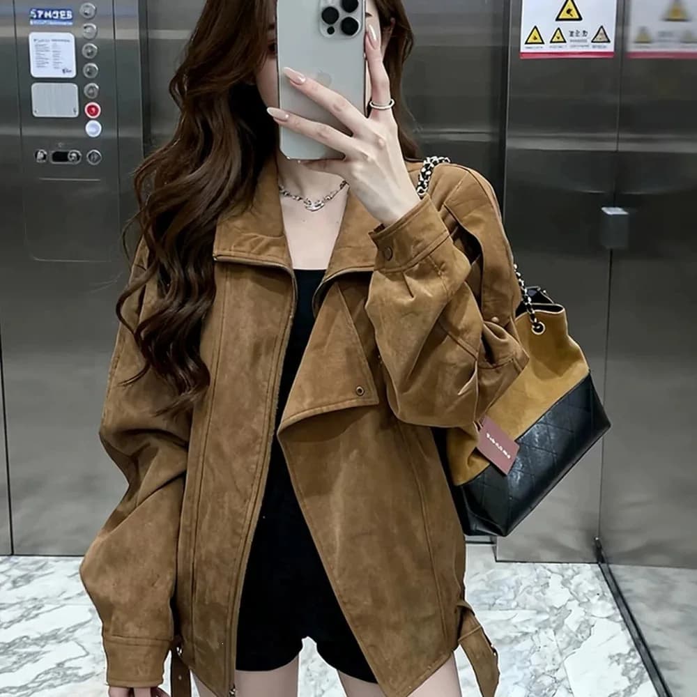 Women Faux Leather Coats Solid Jacket Turn Down Collar Long Sleeves Zipper Hem Belt Loose Fit Moto Streetwear 2026 Autumn Winter