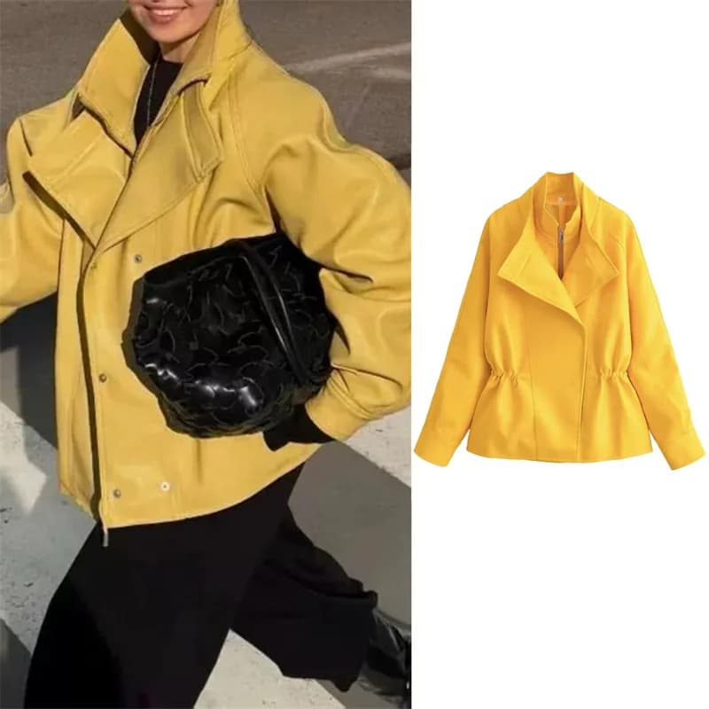 Guobioziy Women's Jacket 2026 Fall New Arrival Yellow Long-Sleeve Stand Collar Loose Faux Leather Jacket Parka Biker Style