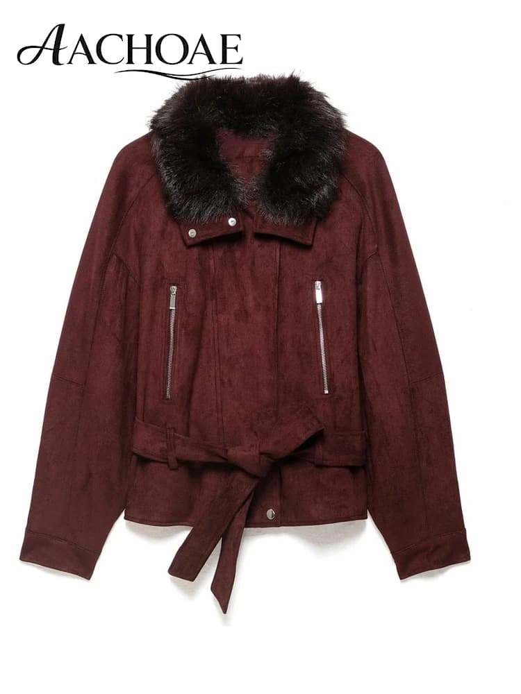 AACHOAE Women Faux Suede Jacket Faux Fur Collar Belted Waist Vintage Cropped Coat Long Sleeve Zip Pocket Autumn Winter Outerwear