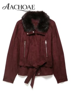 AACHOAE Women Faux Suede Jacket Faux Fur Collar Belted Waist Vintage Cropped Coat Long Sleeve Zip Pocket Autumn Winter Outerwear