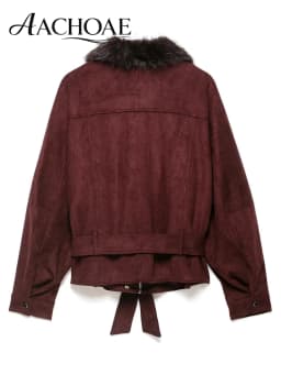 AACHOAE Women Faux Suede Jacket Faux Fur Collar Belted Waist Vintage Cropped Coat Long Sleeve Zip Pocket Autumn Winter Outerwear