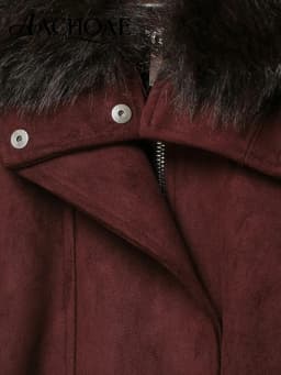 AACHOAE Women Faux Suede Jacket Faux Fur Collar Belted Waist Vintage Cropped Coat Long Sleeve Zip Pocket Autumn Winter Outerwear