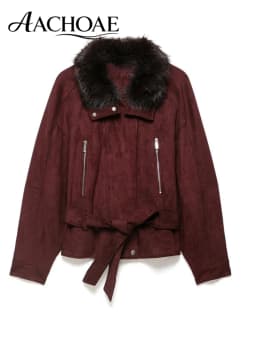 AACHOAE Women Faux Suede Jacket Faux Fur Collar Belted Waist Vintage Cropped Coat Long Sleeve Zip Pocket Autumn Winter Outerwear