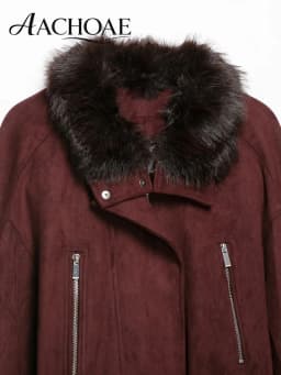 AACHOAE Women Faux Suede Jacket Faux Fur Collar Belted Waist Vintage Cropped Coat Long Sleeve Zip Pocket Autumn Winter Outerwear