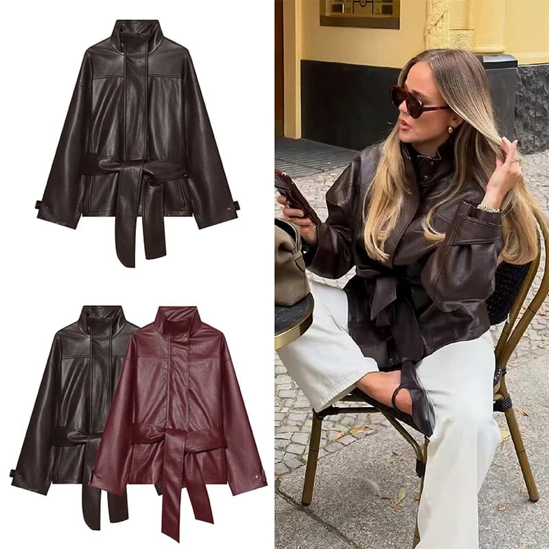 Guobioziy 2026 Autumn Slim Fit PU Leather Jacket Women Belted Waist Stand Collar Coat For Elegant Office Lady Work Wear