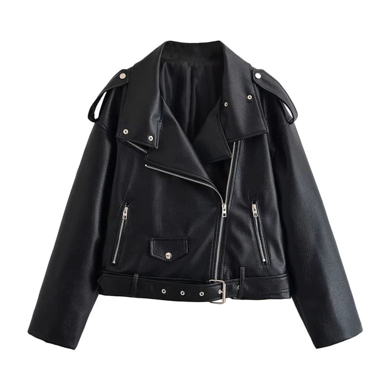 Guobioziy 2026 Fall New Arrival Women's Jacket Black Long-Sleeve Faux Leather Zipper Biker Jacket Parka Stylish and Trendy