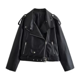 Guobioziy 2026 Fall New Arrival Women's Jacket Black Long-Sleeve Faux Leather Zipper Biker Jacket Parka Stylish and Trendy