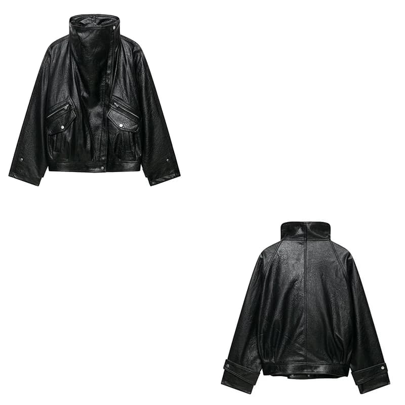 Guobioziy Women's Slim-Fit Pleated Faux Leather Jacket 2026 Spring-Autumn New European Casual Fashion Trend Motorcycle Street