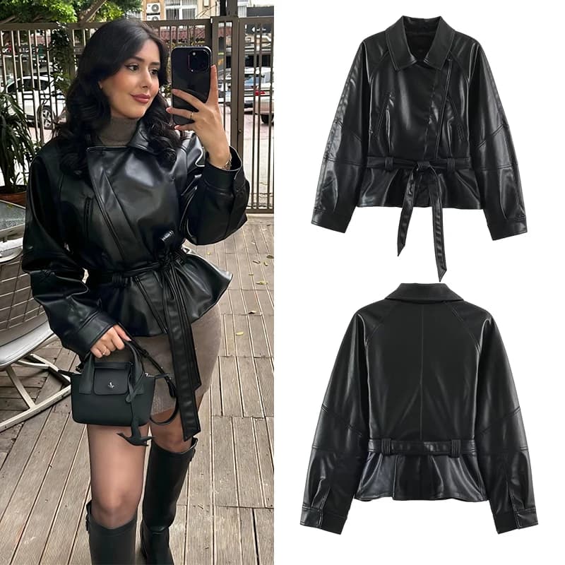 Women Leather Effect Jacket with Belt Lapel Collar Zip Up Long Sleeve Slim Fit Elegant Coat Autumn Winter Outerwear Fashion