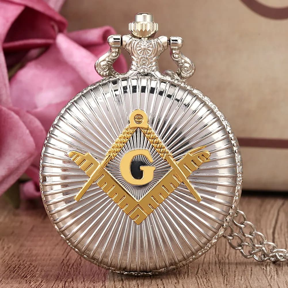 Cool Silver & Golden Masonic Freemason Freemasonry Theme Alloy Quartz Fob Pocket Watch With Necklace Chain Free Drop Shipping