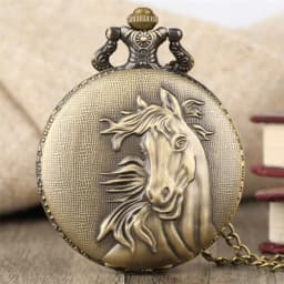 Vintage Bronze Pocket Watch Quartz Retro Horse Full Hunter Pendant Watch with Fob Necklace Chain Best Gift for Men Women Reloj