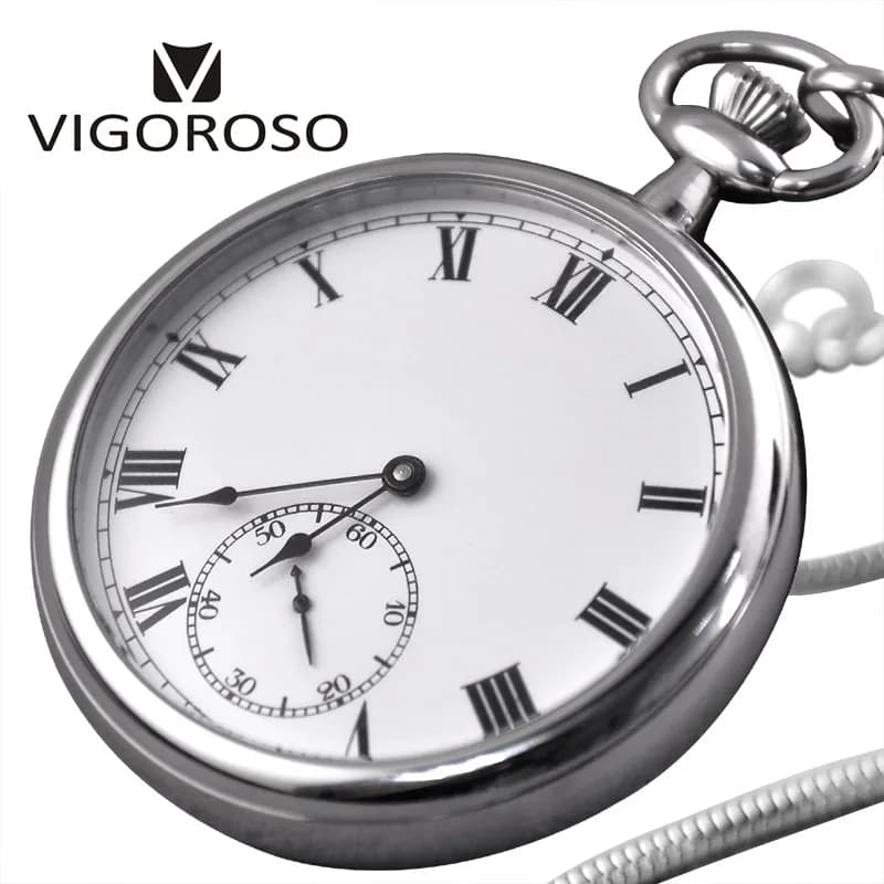VIGOROSO Waterproof Luxury Smooth Stainless Full Steel Mechanical Pocket Watch Wind Up Sub-dial Skeleton Vintage Antique Clock