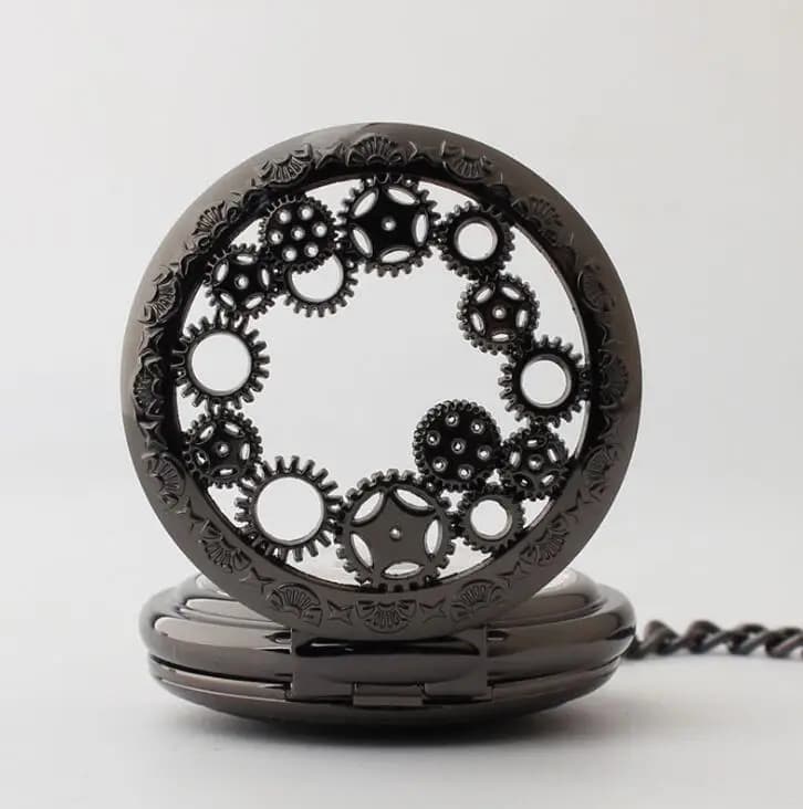 Double Opened Vintage Black Steampunk Gears Hollow Mechanical Pocket Watch Hand Wind Skeleton Necklace Clock Men Womens Gifts