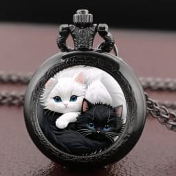 Yin Yang Cats Glass Dome Pocket Watch Arabic Numerals Vintage Gift Women's Necklace Pendant Clock Men's Watch Souvenirs Gifts