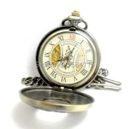 10pcs/lot Wood Inlay Bronze Skeleton Mechanical Pocket Watch Flip Roman Dial  Pocket Watch