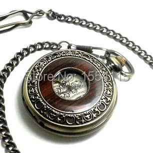 10pcs/lot Wood Inlay Bronze Skeleton Mechanical Pocket Watch Flip Roman Dial  Pocket Watch