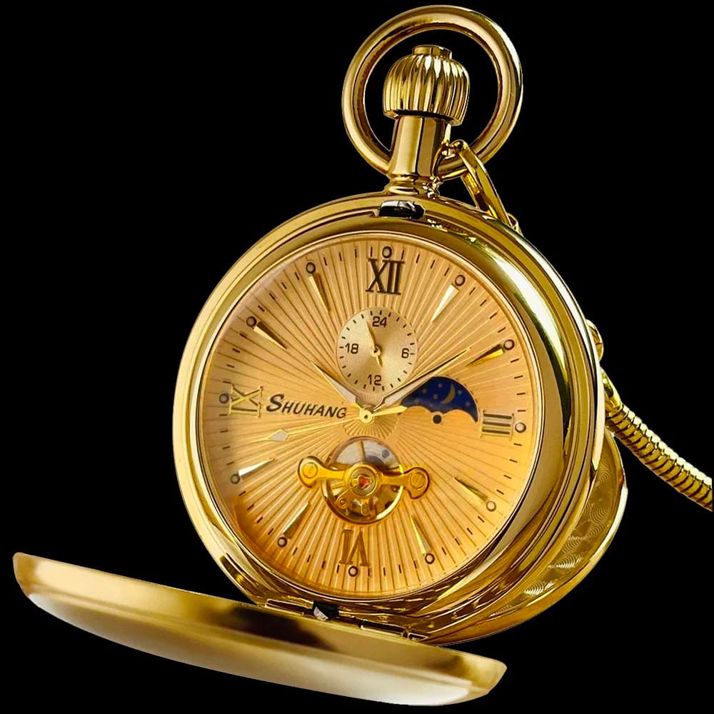 Luxury Smooth Golden Stainless Steel Mechanical Pocket Watch with Chain Fob Watch Tourbillon Moon-phase 24 Hours Sub-dial