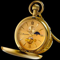 Luxury Smooth Golden Stainless Steel Mechanical Pocket Watch with Chain Fob Watch Tourbillon Moon-phase 24 Hours Sub-dial