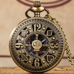Bronze Retro Poker Cards Skull Design Ghost Display Steampunk Quartz Pocket Watch Fob Vintage Antique Clock with 80cm/38cm Chain