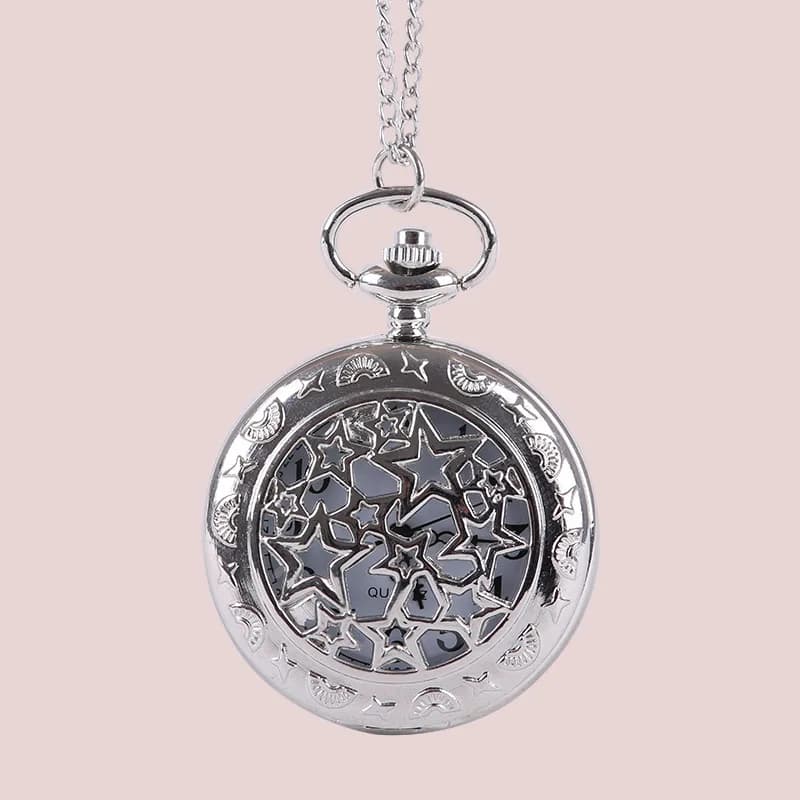 Silver Fine Chain Large Starry Hollow Classical Pocket Watch With Five Pointed Star Relief Hollow Retro Silver Pocket Watch