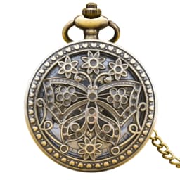 Vintage Bronze Steampunk Butterfly And Flower Cutout Carved Quartz Pocket Watch Necklace Pendant Clock Chain Men Women ChainGift