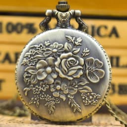 Vintage Bronze Clamshell Flower Carved Necklace Quartz Pocket Watch Fashion Jewelry Gift For Ladies Gift