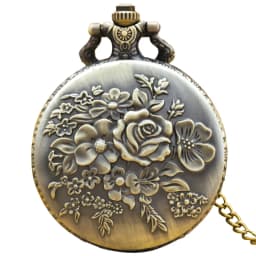 Vintage Bronze Clamshell Flower Carved Necklace Quartz Pocket Watch Fashion Jewelry Gift For Ladies Gift