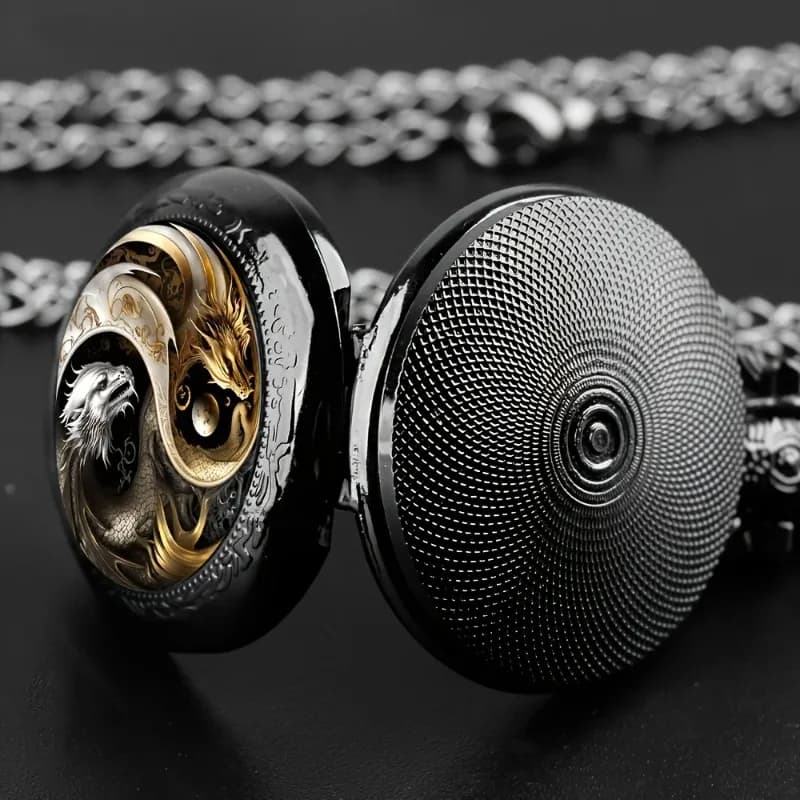 Vintage Chinese Yin‑Yang Dragon Quartz Pocket Watch, Exquisite Pocket Watch with Chain Necklace, Collectible Pendant Clock Gift