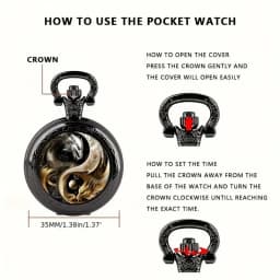 Vintage Chinese Yin‑Yang Dragon Quartz Pocket Watch, Exquisite Pocket Watch with Chain Necklace, Collectible Pendant Clock Gift