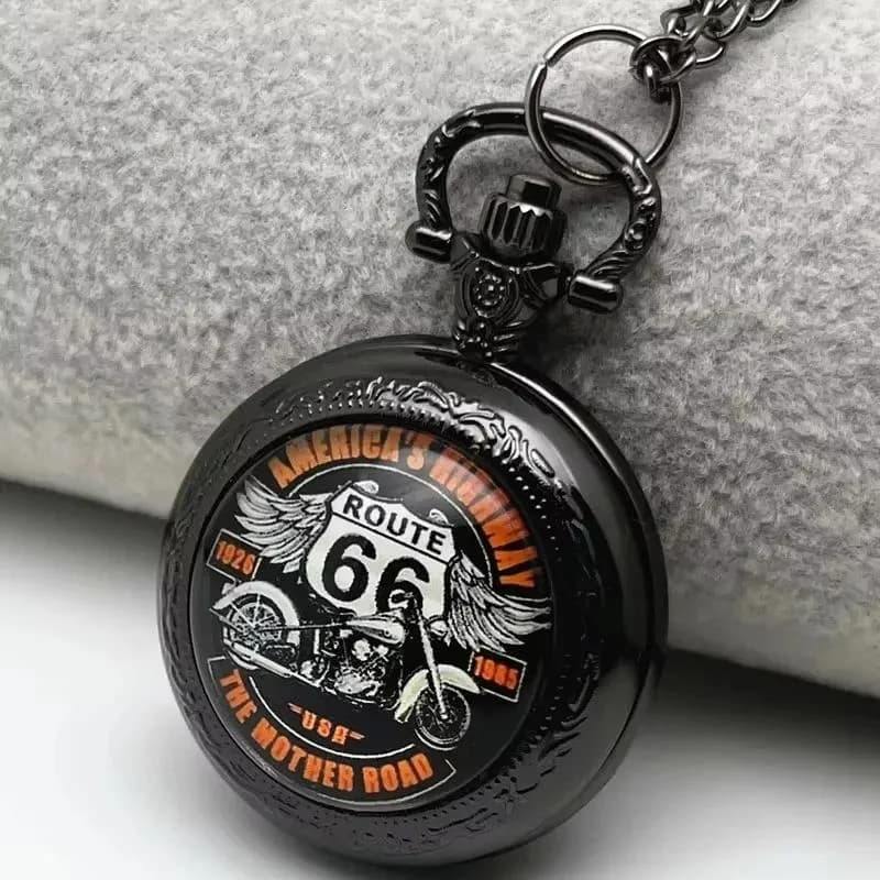 Classic Route 66 America Highway Motorcycle Pocket Watch Vintage Steampunk Style Quartz Pocket Watch with Chain Necklace