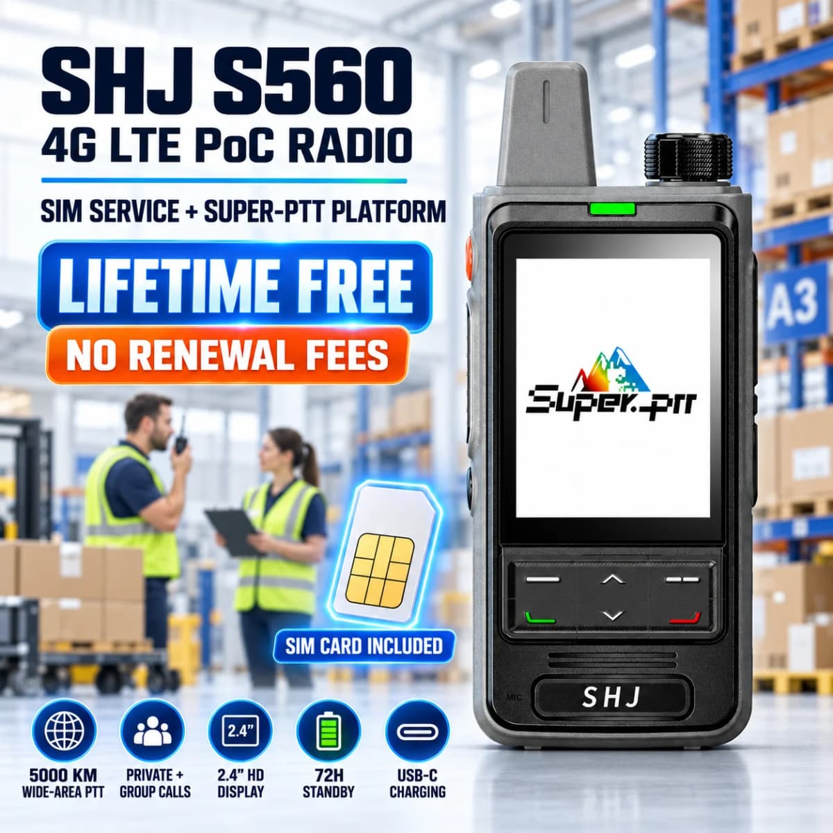 SHJ S560 4G LTE PoC Walkie Talkie, Lifetime Free SIM+Super-PTT Platform, 5000km Group/Private Call Two Way Radio 2.4in USB-C SOS