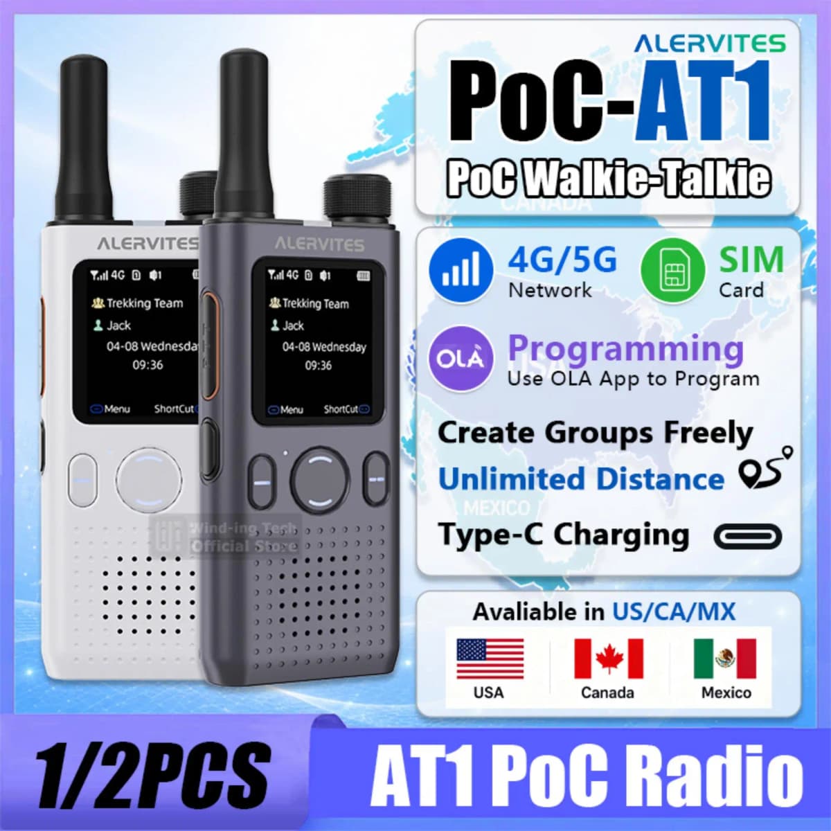 ALERVITES AT1 PoC Global Walkie Talkie Nationwide Coverage Unlimited Distance 4G LTE USB-C Charging US/EU Ultra-light Thin Radio