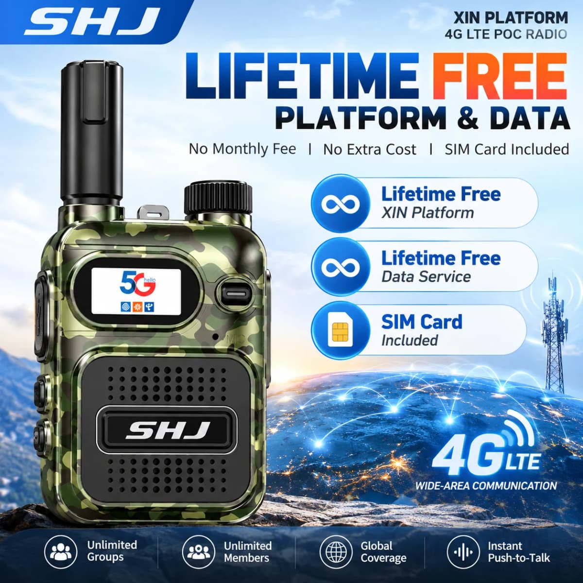 SHJ 4G LTE PoC Radio Global Network Walkie Talkie with SIM Card, Lifetime Free XIN Platform & Data, Group Private Call