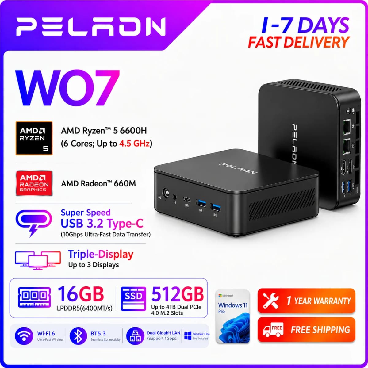 Peladn WO7 MiniPC AMD Ryzen™ 5 6600H (6 Cores,Up to 4.5 GHz) AMD Radeon™ 660M 16GB LPDDR5 512GB SSD WIFI 6 BT5.3 Support Dual Gigabit LAN Triple-Display 4K@60Hz Output Windows 11 pro Computer