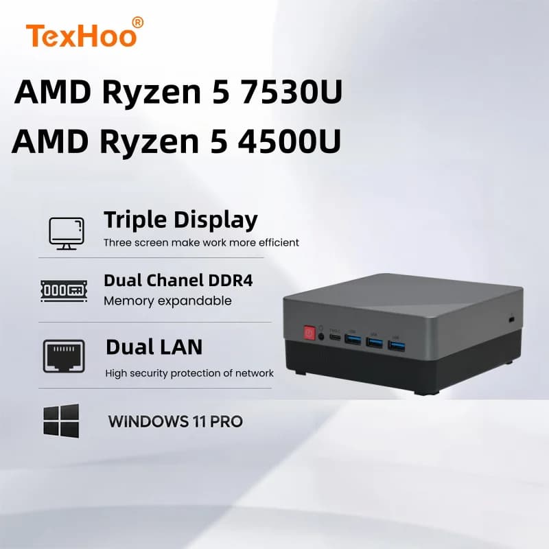 TexHoo MINI PC AMD R7 7730U Ryzen 5 7530U 4500U Dual DDR4 WIFI6 LAN*2 1*DP 2*HDMI 3 Display Desktop Computer Windows11 3xUSB3