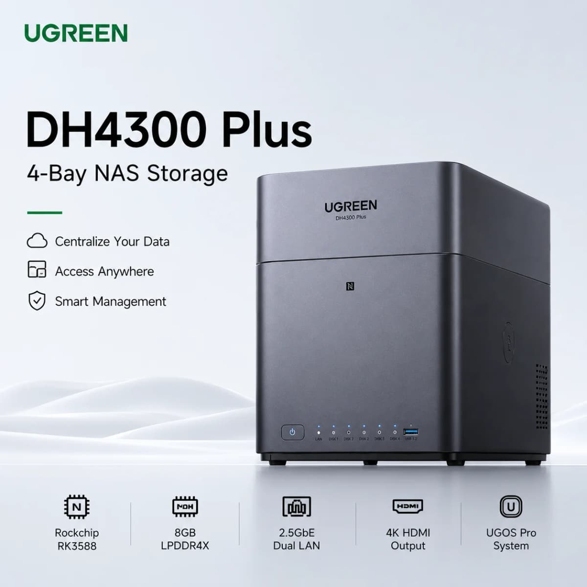 UGREEN DH4300 Plus NAS AI Storage Server 3TB 4TB 6TB 8TB 9TB 12TB 16TB RK3588 8GB LPDDR4X 4-Bay SATA HDD SSD 2.5GbE NFC Plex Jellyfin Personal Cloud