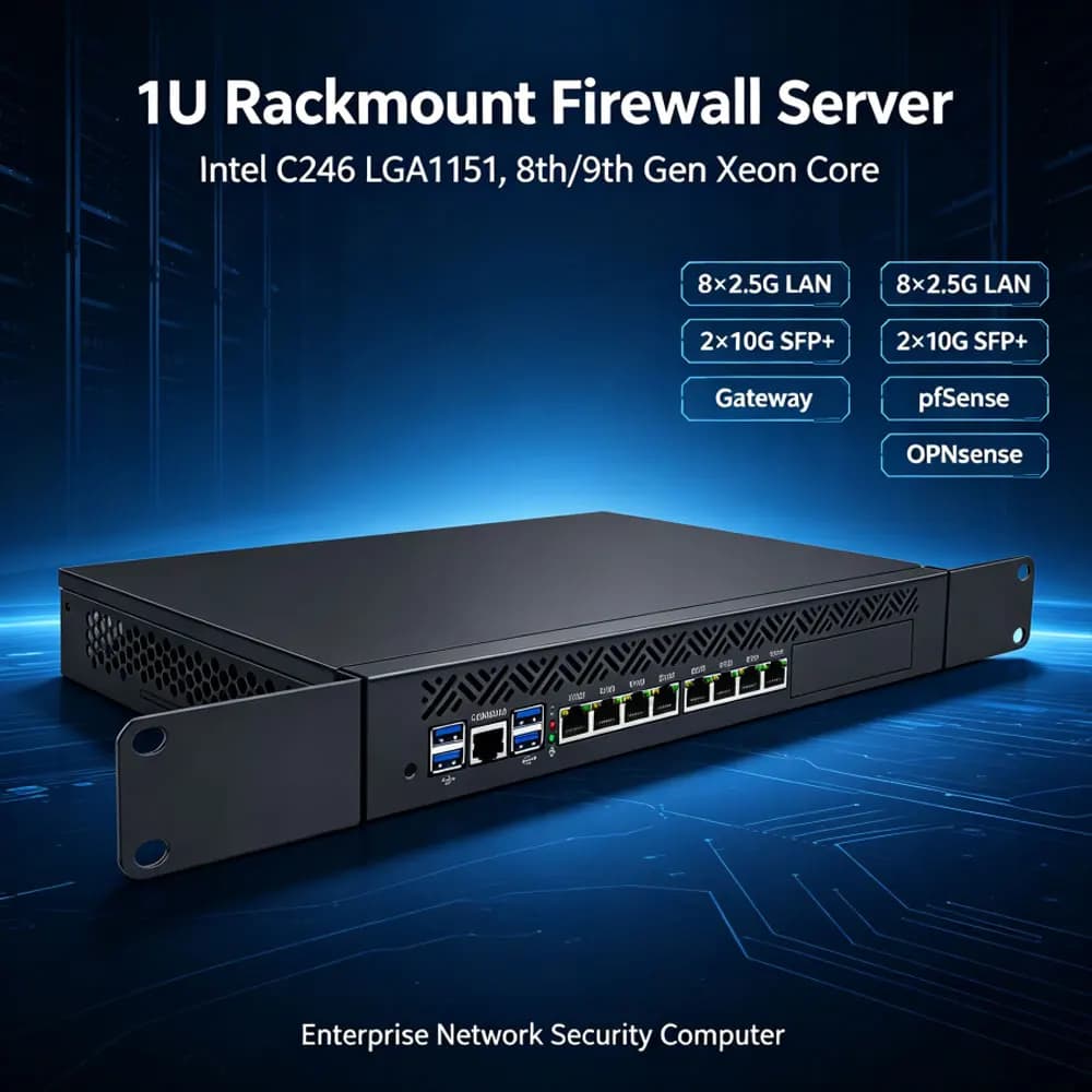1U Rackmount Firewall Server Intel C246 LGA1151 8th 9th Gen Xeon Core 8×2.5G LAN 2×10G SFP+ Gateway pfSense OPNsense Computer