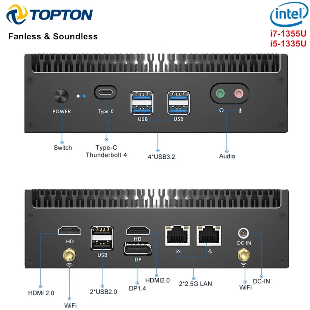 13th Gen Intel I7 1355U I5 1335U Fanless Mini PC 2*2.5G LAN PCIe4.0 DDR4 Thunderbolt 4 EGPU Desktop PC Gamer Mini Computer WiFi6