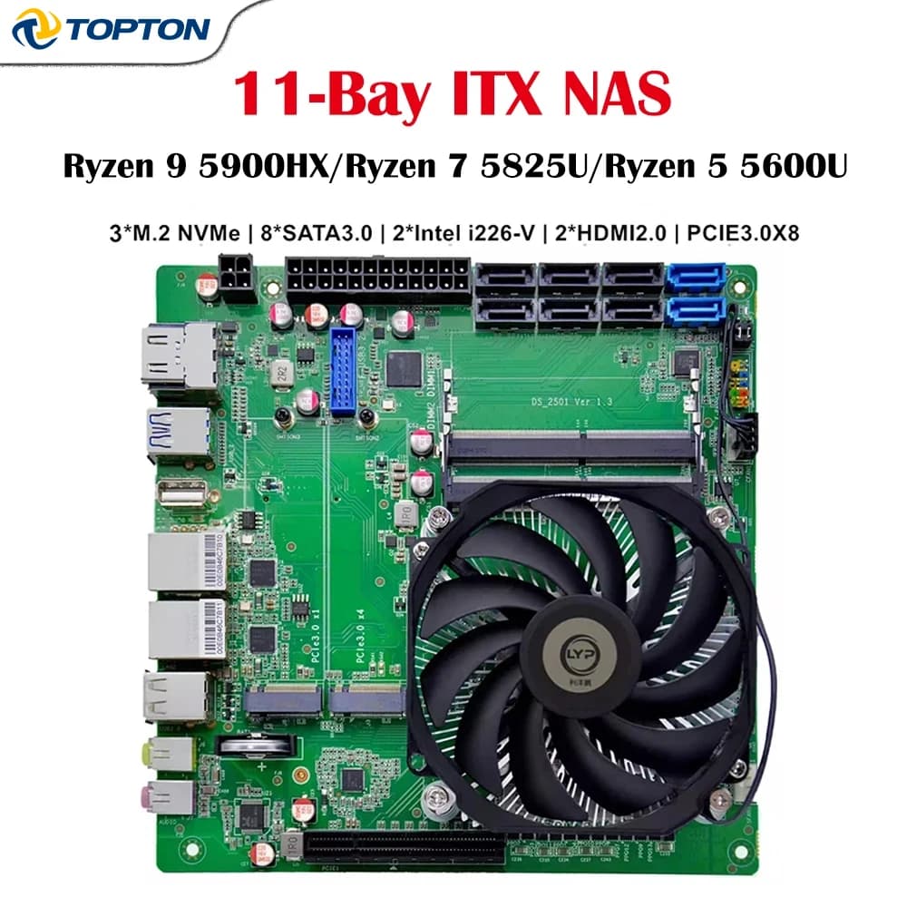 11-Bay Mini ITX NAS Motherboard AMD R5 5600U Ryzen 7 5825U/5800H R9 5900HX DDR4 3×NVMe 8×SATA 2.5G LAN Firewall Gaming Mainboard