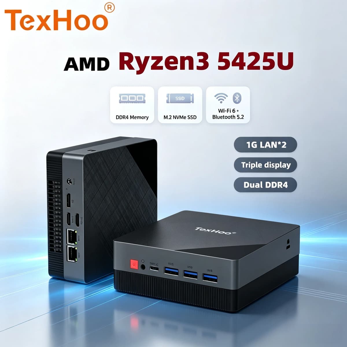 TexHoo Mini PC AMD Ryzen 3 5425U 4300U Dual LAN 4K Display DP+2xHDMI DDR4x2, NVMe/SATA M.2 for Soft Router Firewall NAS Computer
