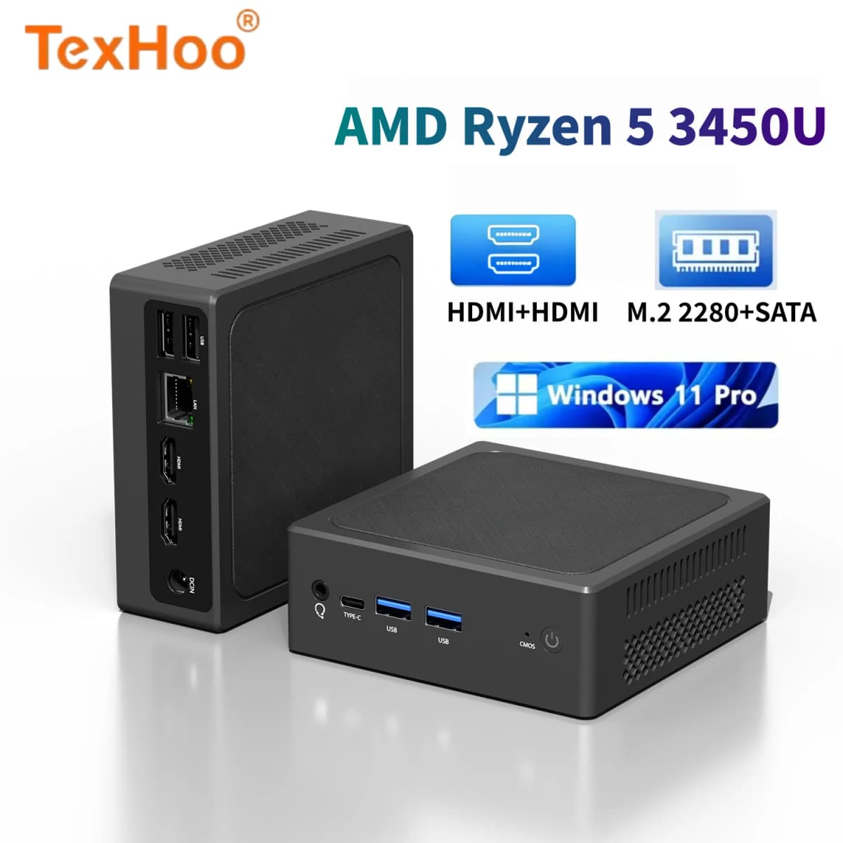 Texhoo MINI PC AMD Ryzen 5 3450U R3 3250U DDR4 8G 2400Mhz 256G SSD Pcle3.0 WIFI5 Double 4K Display 1xLAN Computer Barebone PC