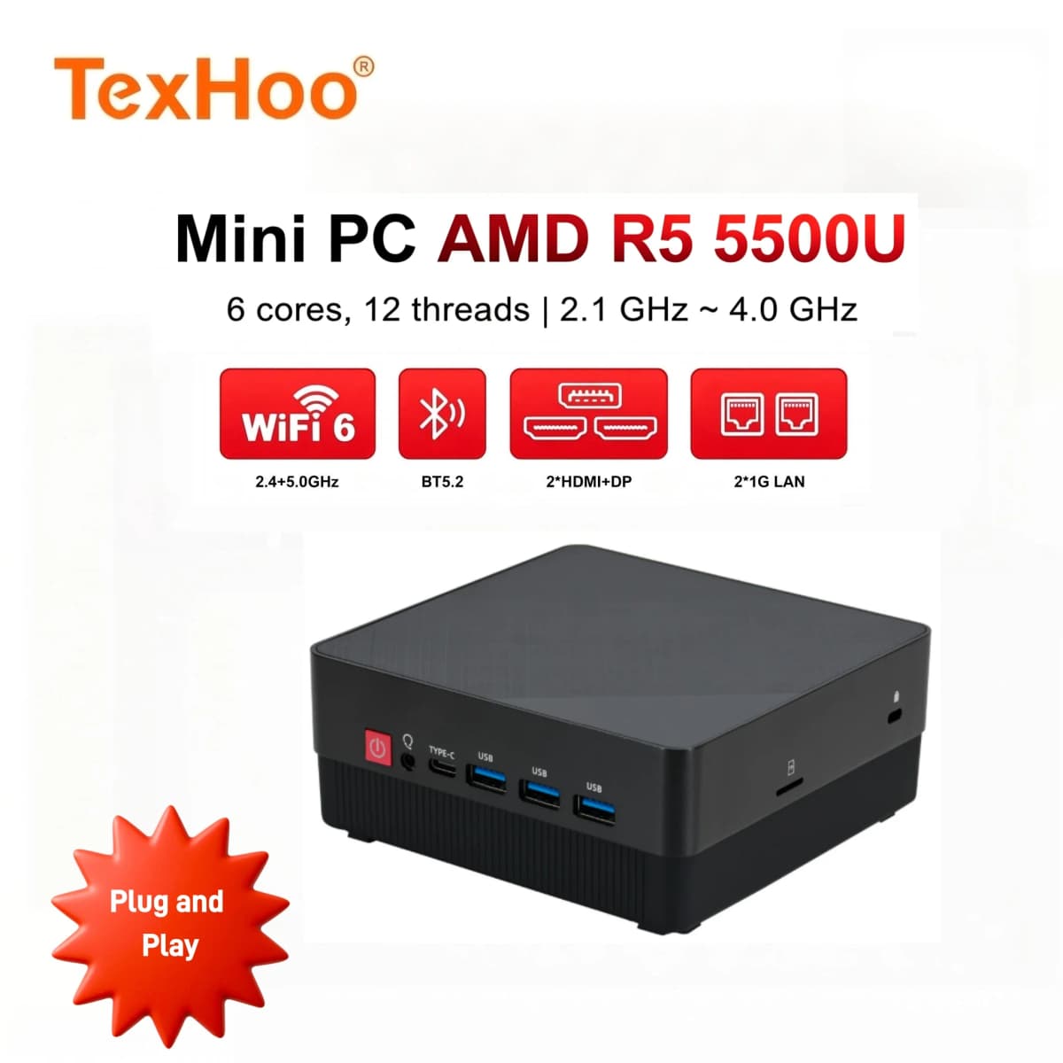 TexHoo AMD Ryzen 5 5500U Mini PC Dual Gigabit LAN Firewall Router Mini Desktop Computer M.2 2280 NVMe DDR4 DP HDMI*2 Win11 WIFI6