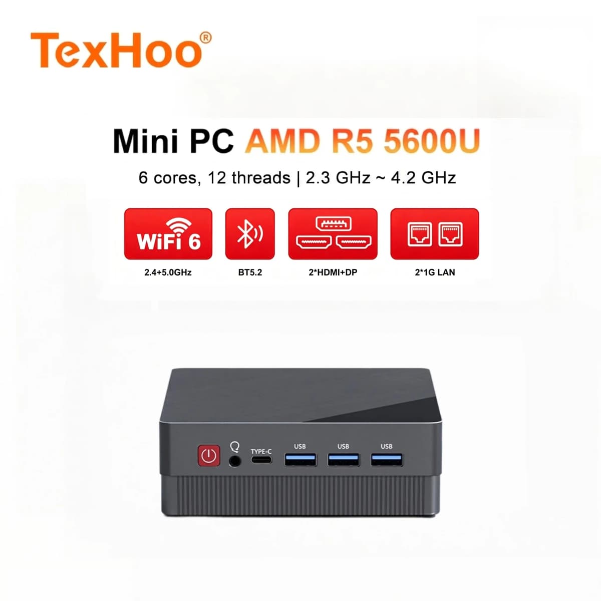 TexHoo Mini PC Ryzen 5 5600U 6C/12T Triple Display 16G 256G DP+2xHDMI Dual LAN WiFi6 BT5.2 2xDDR4 Mini Desktop Computer 