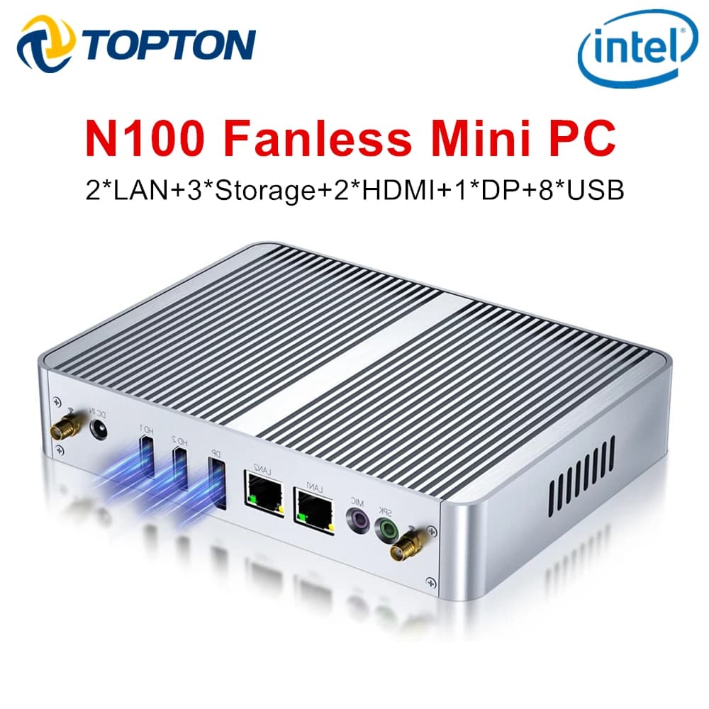 Topton M4 Fanless Silent Mini PC Intel N100 N95 Dual LAN 3x Storage 3x4K UHD Firewall NAS Office Industrial Computer Windows 11