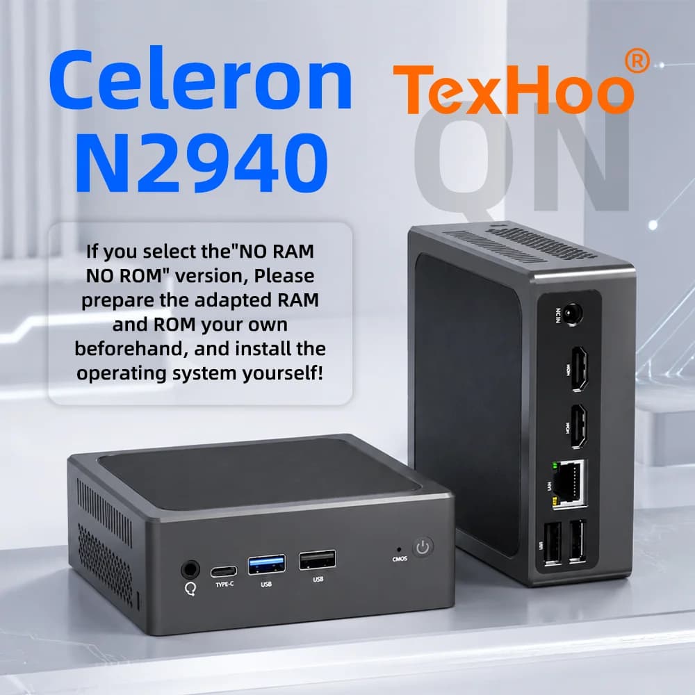 TexHoo Mini PC Intel Celeron N2940 16GB RAM 512GB SSD WIFI5 BT4.0 Windows 10 Desktop Computer 4USB TypeC Dual Display for Office