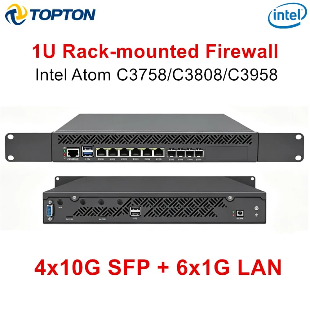 Topton 1U Rack Firewall Server Mini PC Intel Atom C3958 C3808 C3758 4x10G SFP 6x1G LAN DDR4 NVMe PfSense OPNsense VPN Server